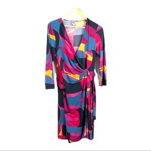 Anne Klein Colorblock Long Sleeve Wrap Dress V Cut